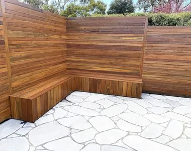 A picture of white crazy paving around a pool in Melbourne.