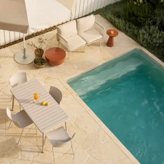 tuscan travertine crazy paving pool area